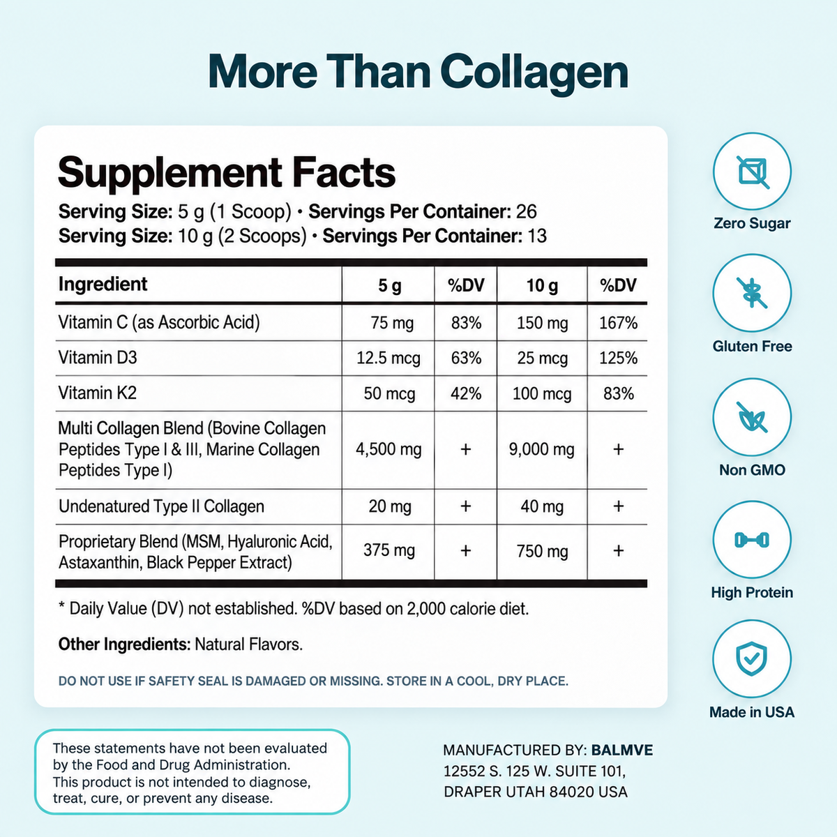 More Than Collagen final Supplement Facts, 5 g and 10 g servings