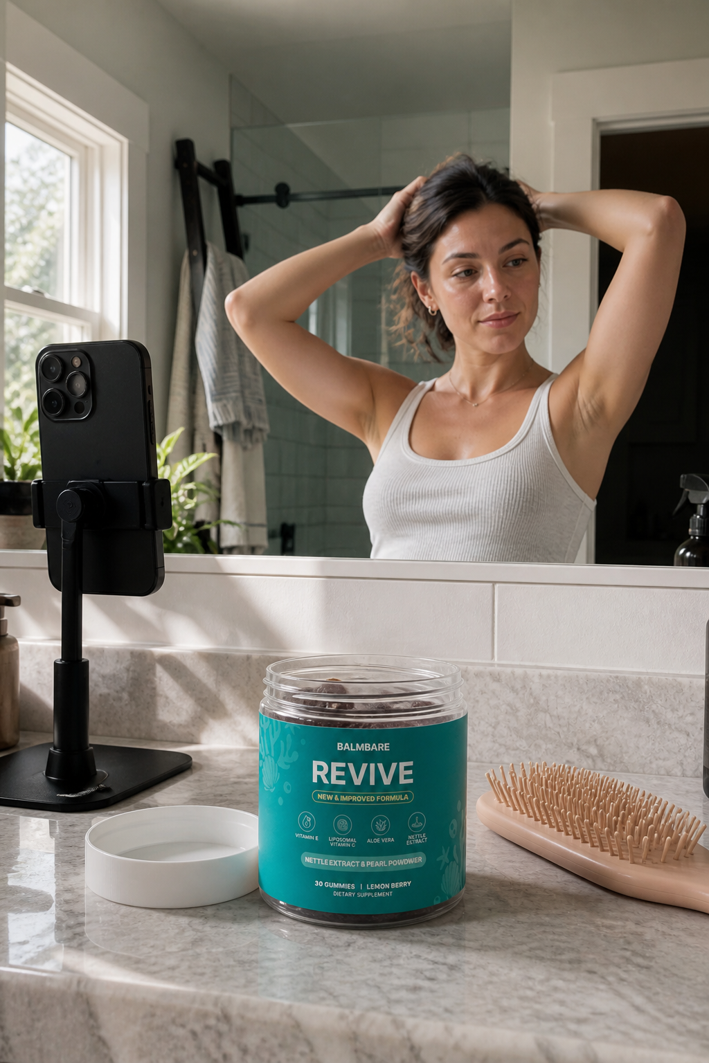 Creator filming a hair-care routine with Balmbare Revive Gummies