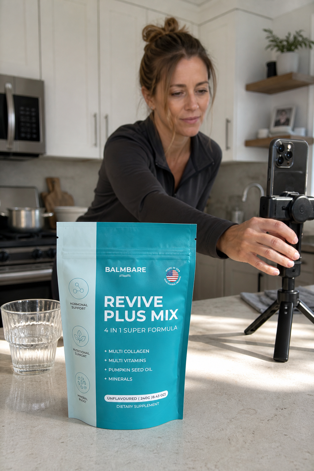 Creator recording a kitchen routine with Balmbare Revive Plus Mix